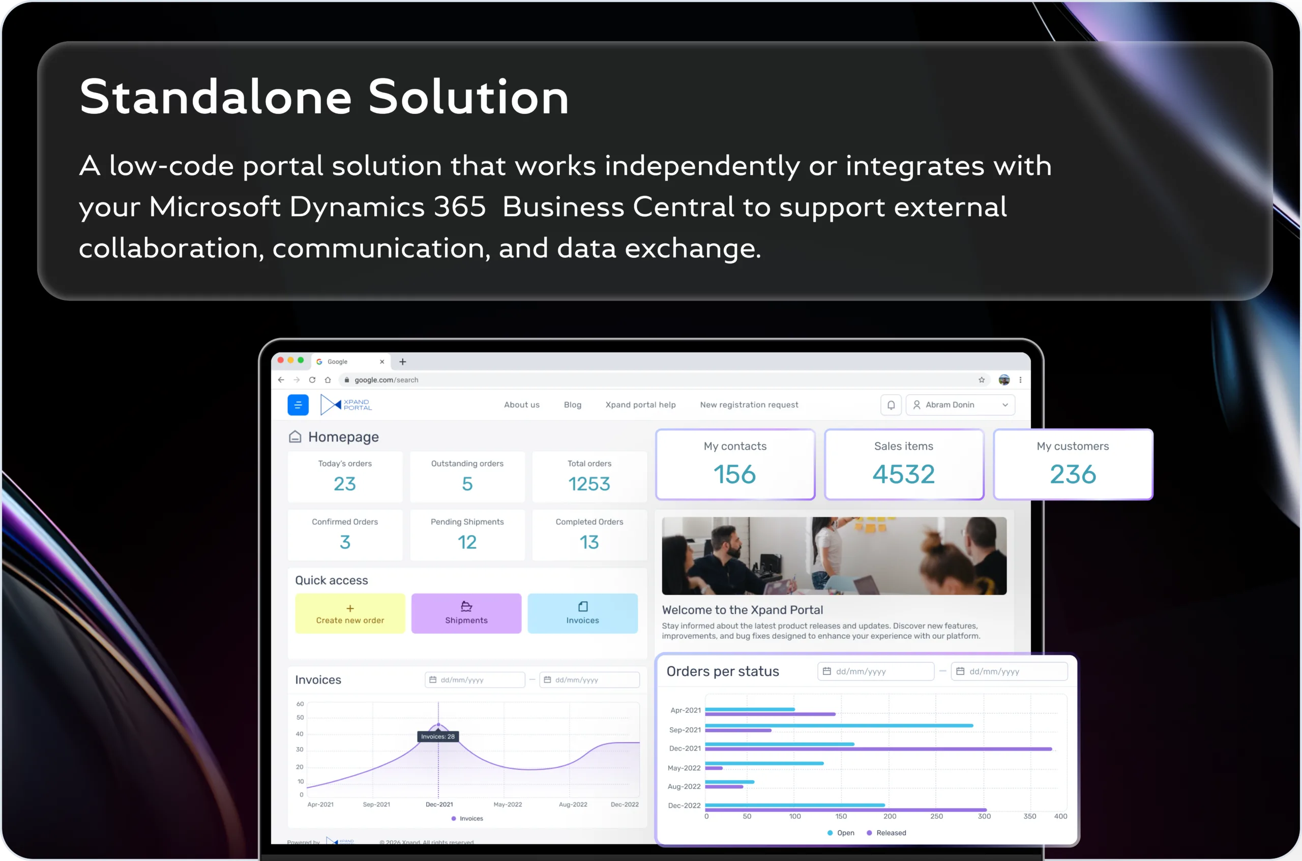 Standalone Solution - low-code customer portal for Microsoft Dynamics 365 Business Central showing orders, invoices and shipments dashboard