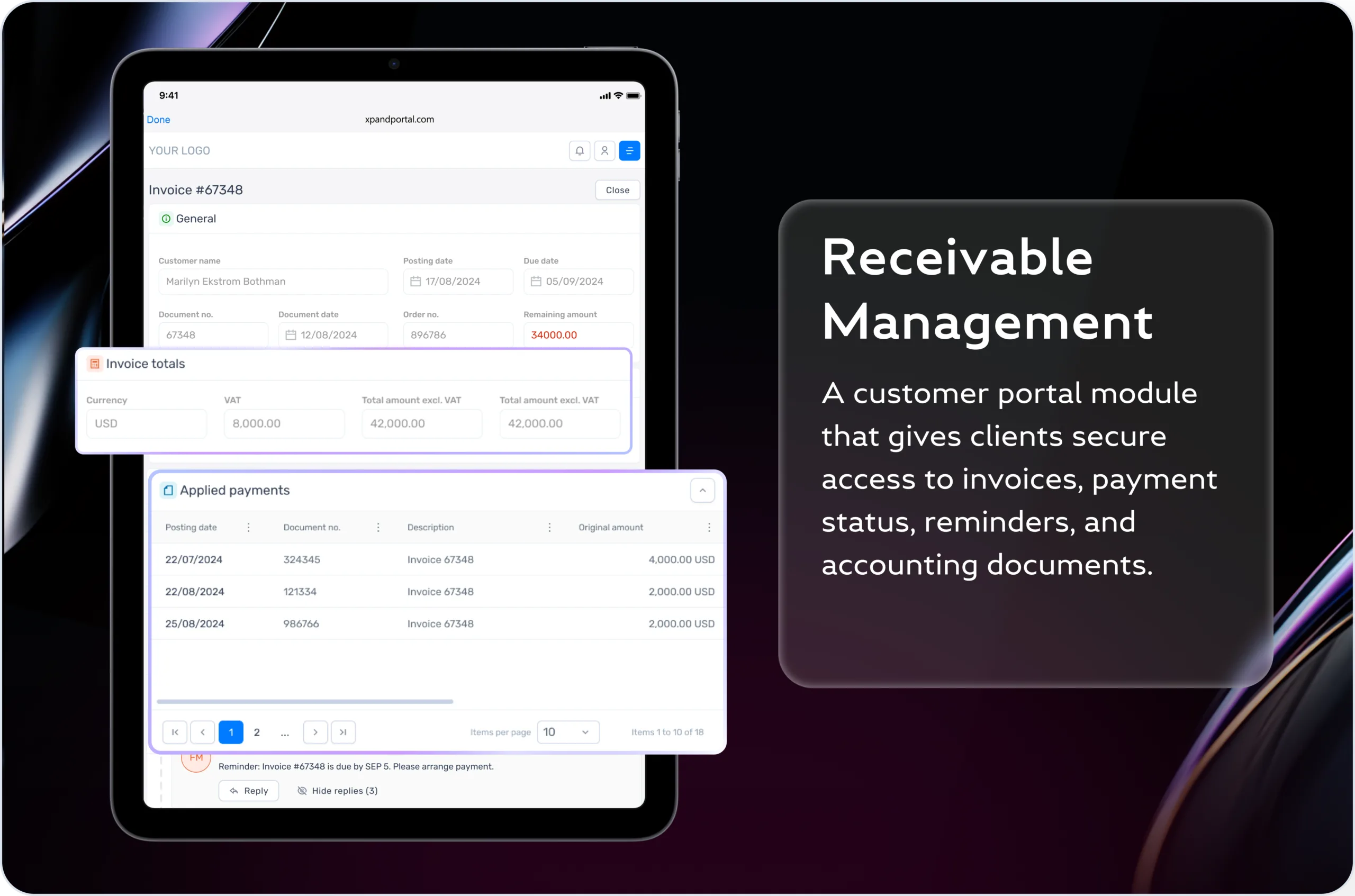 Receivable Management module - customer invoice view with payment status, applied payments and automated reminders for Business Central