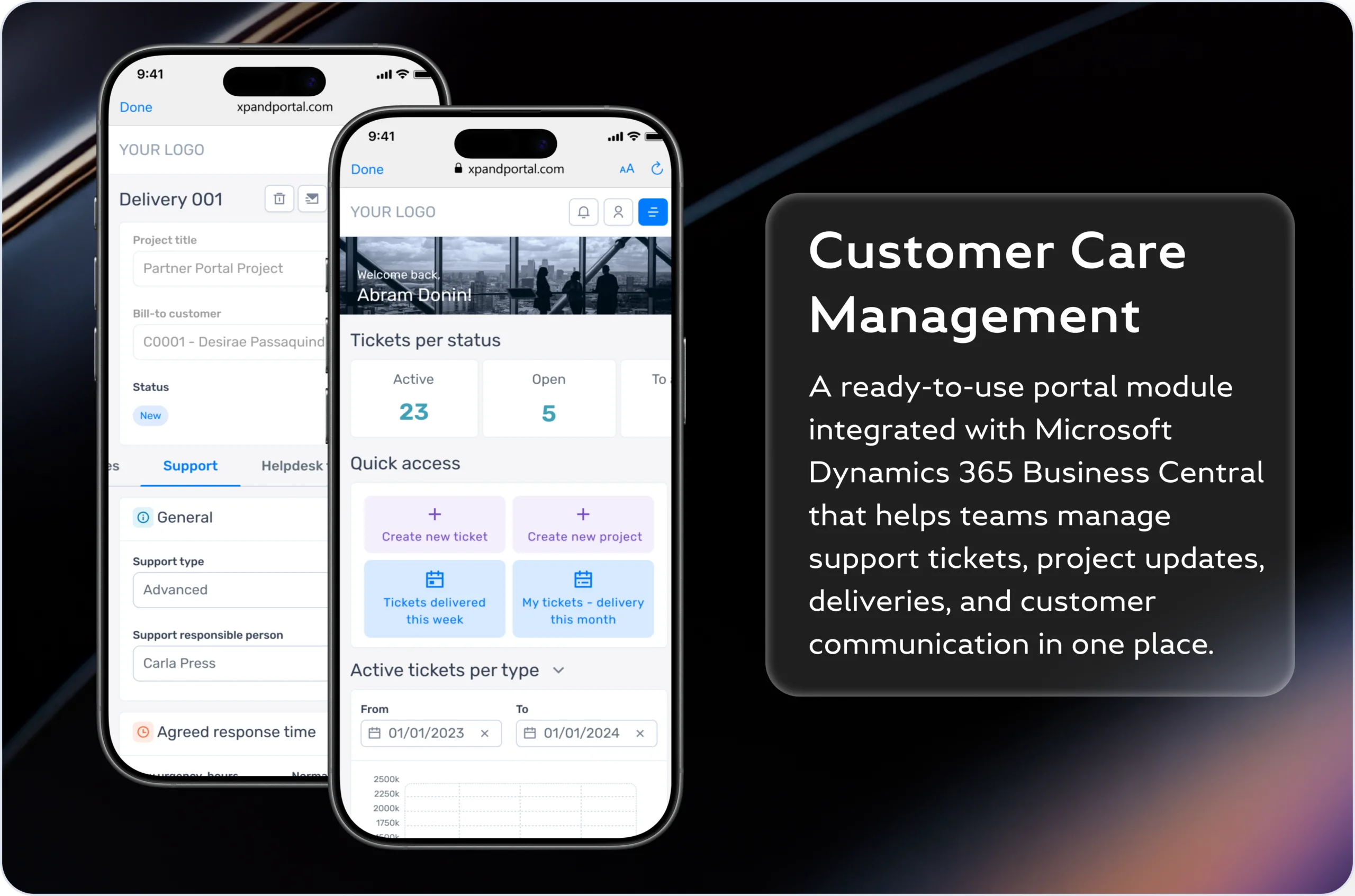 Customer Care Management module in Xpand Portal - support tickets, project updates and delivery tracking dashboard for Microsoft Dynamics 365 Business Central