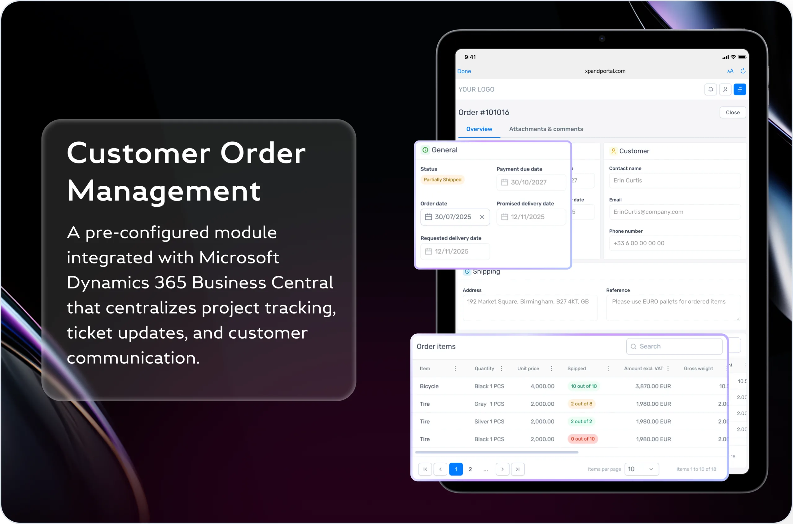 Customer Order Management module in Xpand Portal - order detail view with shipping status, delivery dates and order items in Business Central.