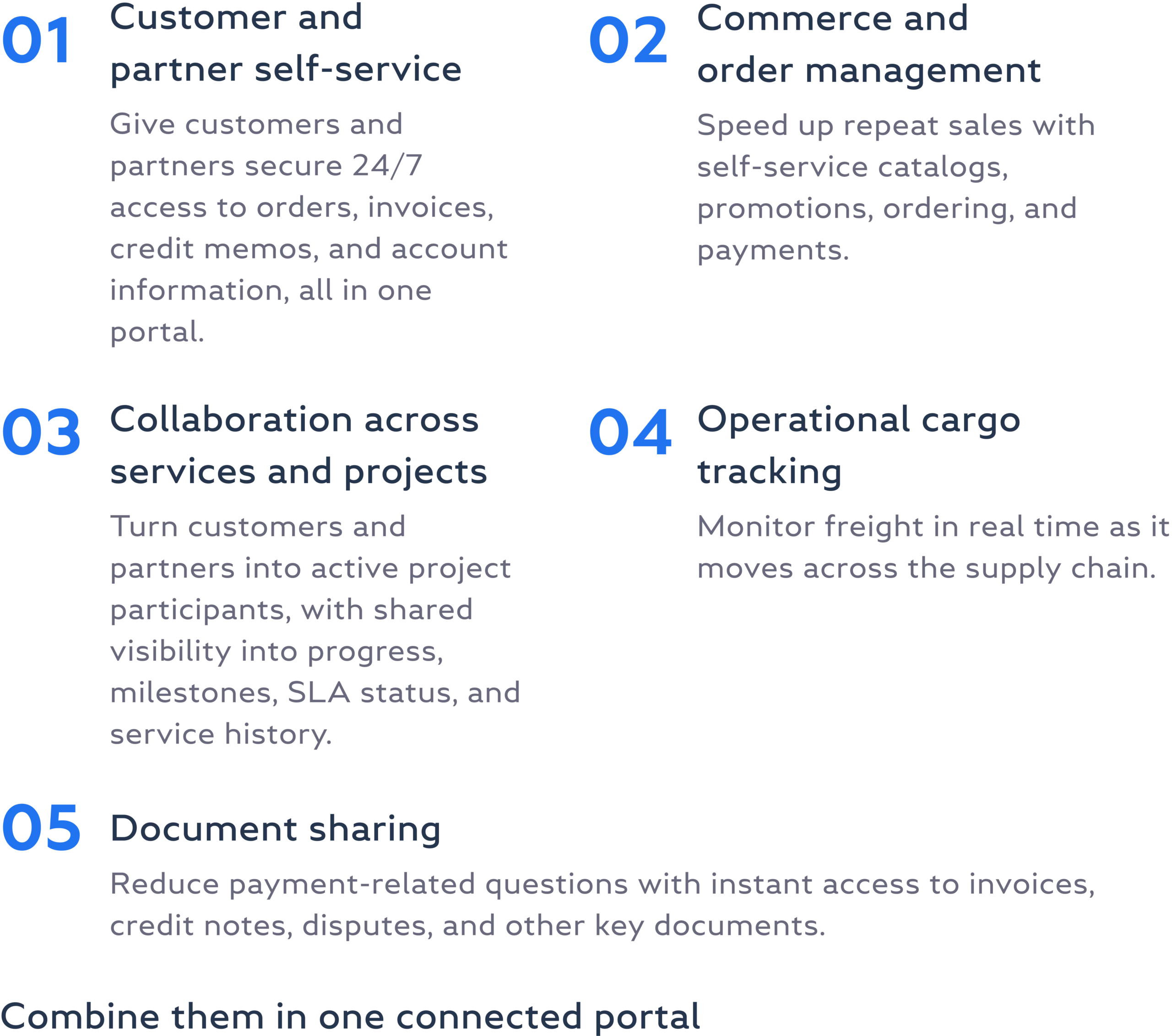 Five Xpand Portal use cases: customer and partner self-service, commerce and order management, collaboration across services and projects, operational cargo tracking, and document sharing, all combined in one connected portal.